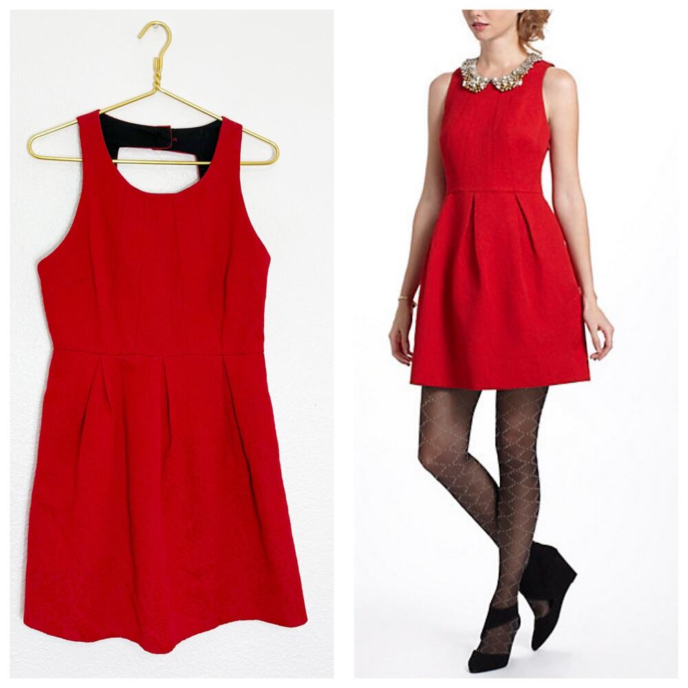 NWT Anthropologie Moulinette Soeurs Red Brocade Dress Size 8 Jacquard Fit Flare